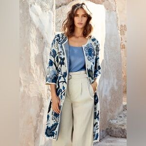 Peruvian Connection Cream / Blue Floral 100% Pima Cotton Botton Closure Cardigan